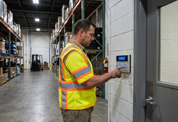 Warehouse worker in a high-visibility vest entering a code into an intruder alarm keypad, highlighting secure access control and security considerations within a warehousing and logistics environment.